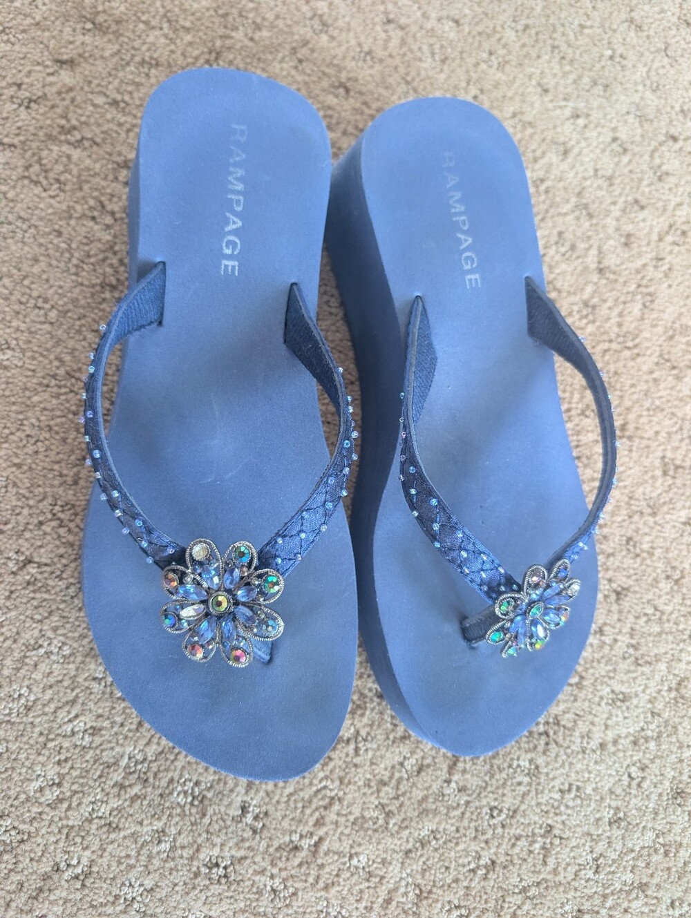 Rampage Navy Blue Sparkle Platform Flip Flops Size 7.5